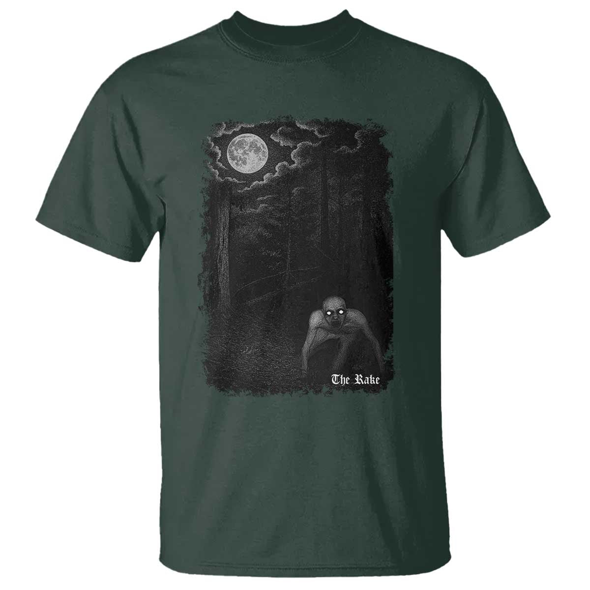 Rake Creepypasta T Shirt Cryptid Series Cryptozoology Gift Creepy Horror Halloween TS10 Dark Forest Green Print Your Wear