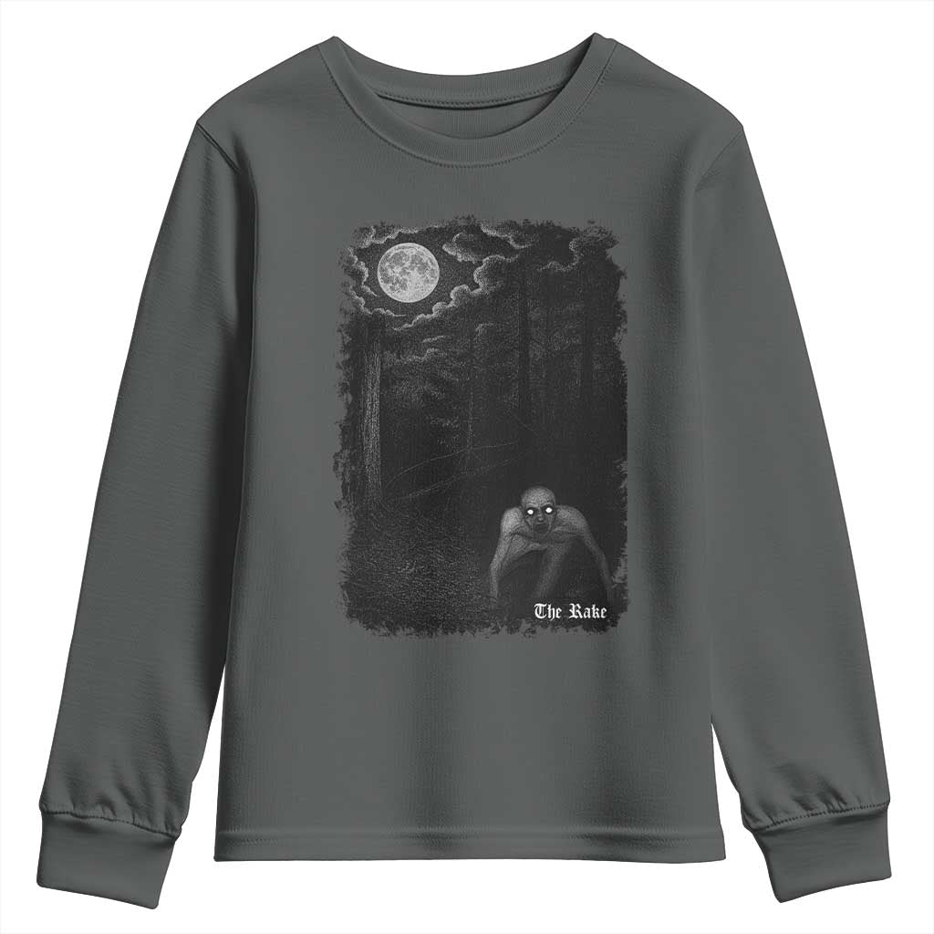 Rake Creepypasta Youth Sweatshirt Cryptid Series Cryptozoology Gift Creepy Horror Halloween TS10 Dark Heather Print Your Wear