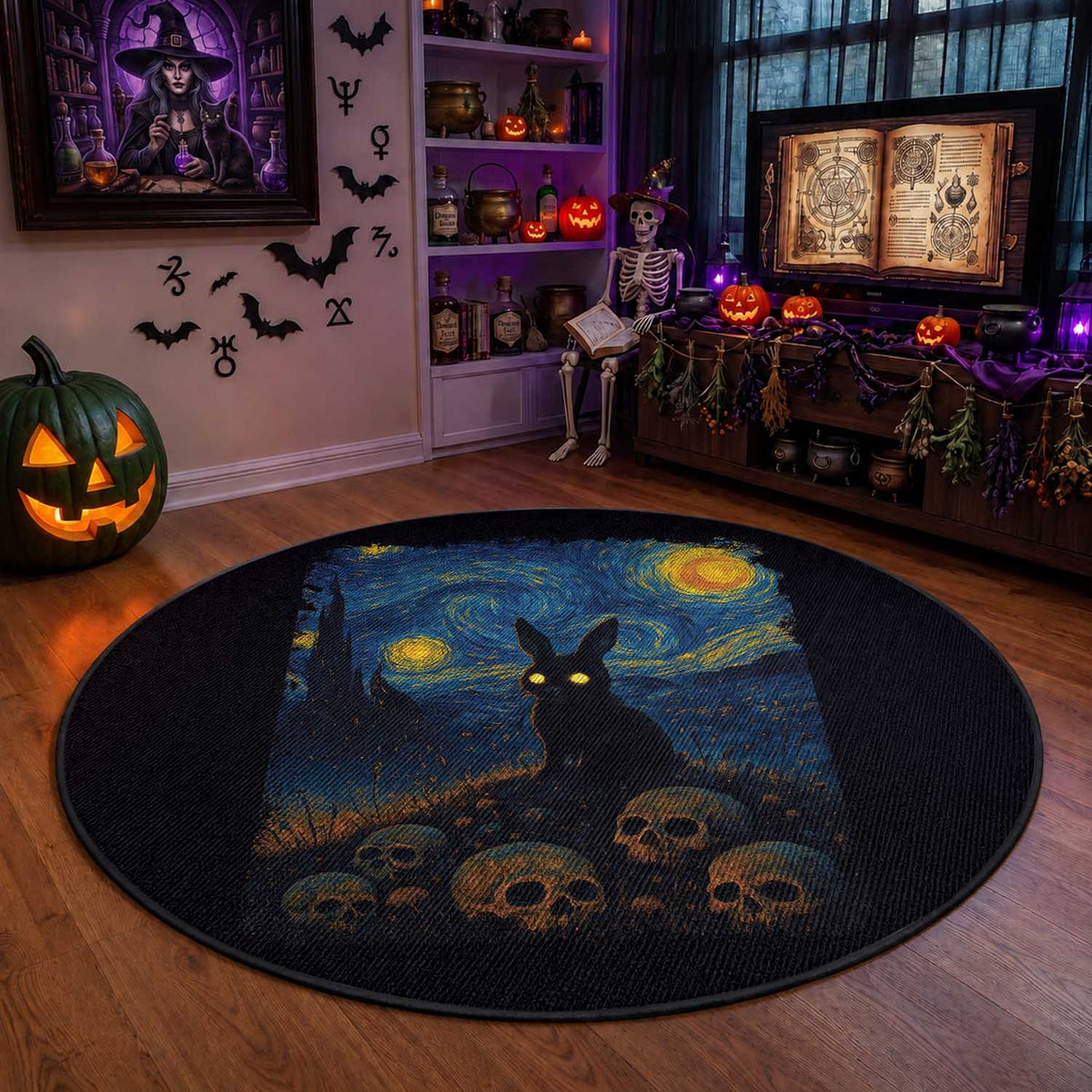 Creepy Cute Bunny Rabbits Round Rug Alt Goth Grunge Dark Horror Starry Night Van Gogh Aesthetic