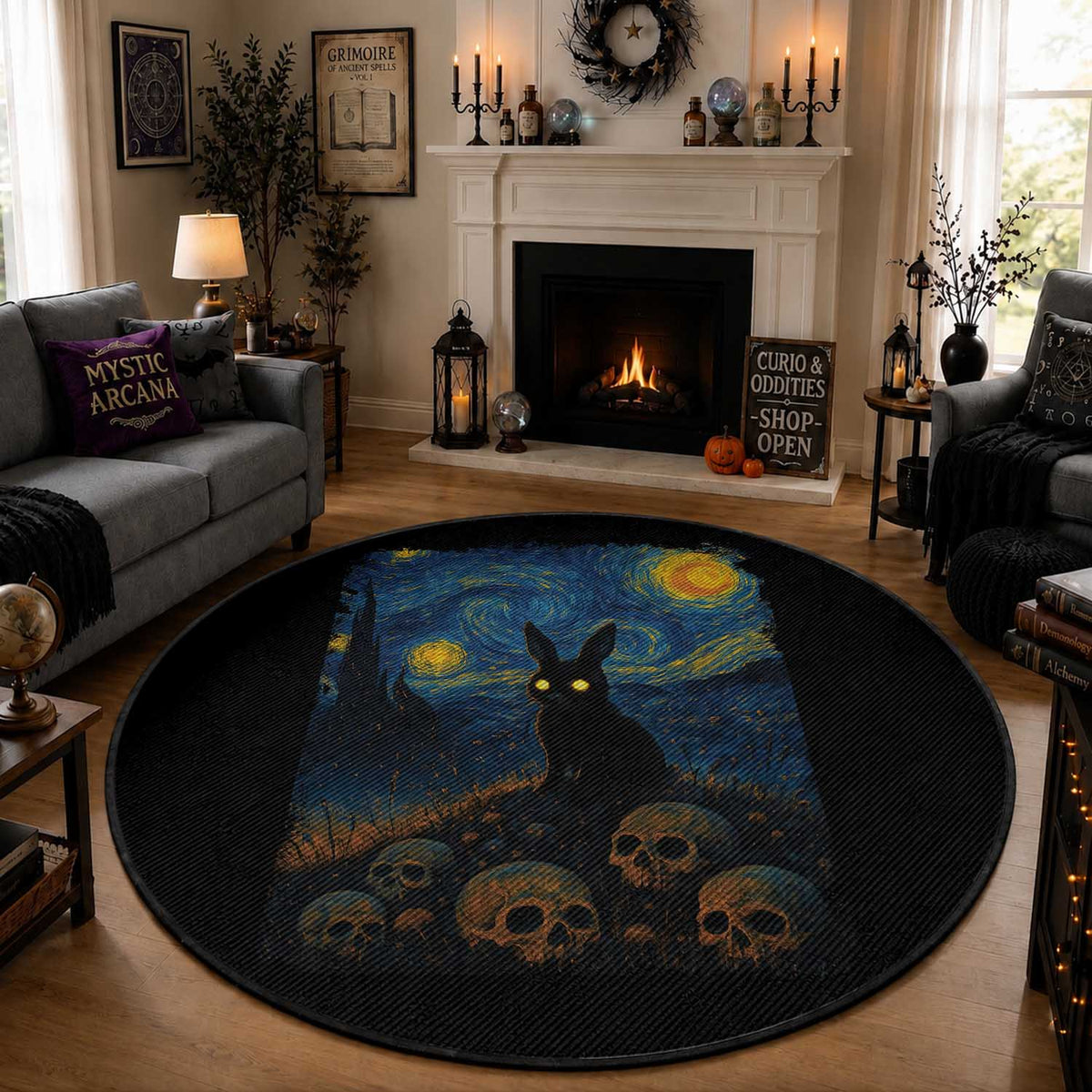 Creepy Cute Bunny Rabbits Round Rug Alt Goth Grunge Dark Horror Starry Night Van Gogh Aesthetic