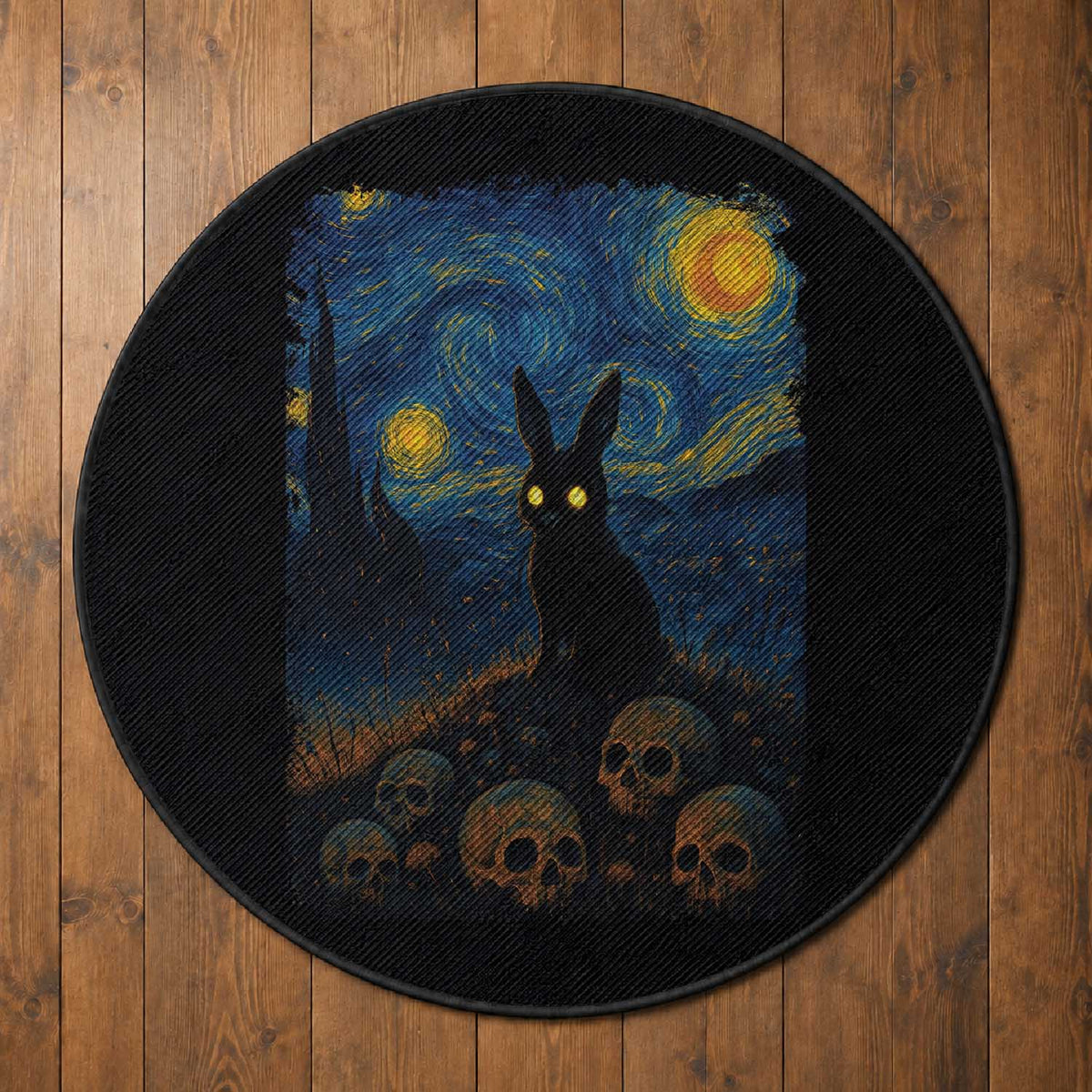 Creepy Cute Bunny Rabbits Round Rug Alt Goth Grunge Dark Horror Starry Night Van Gogh Aesthetic