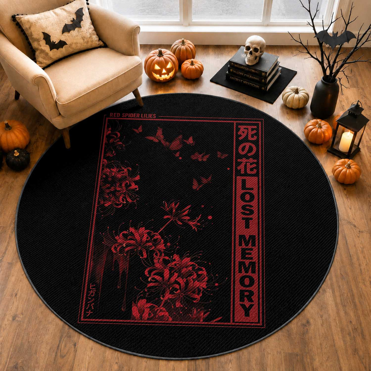 Japanese Spider Lily Round Rug Soft Grunge Anime Aesthetic Flower