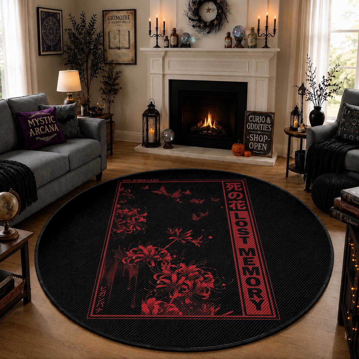 Japanese Spider Lily Round Rug Soft Grunge Anime Aesthetic Flower
