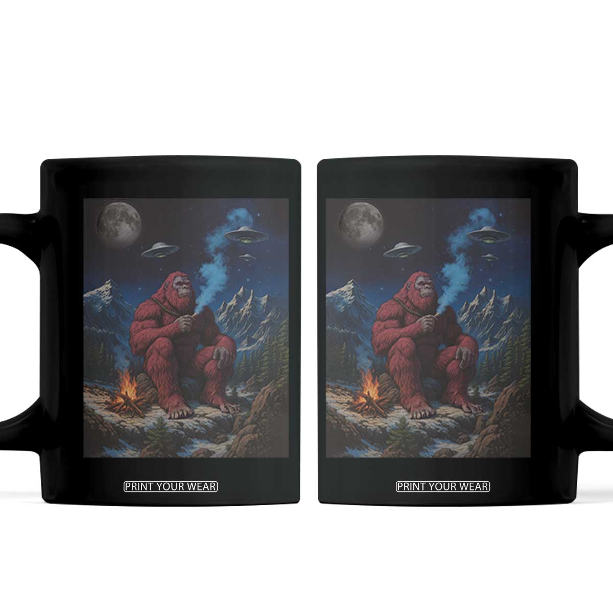 Funny Smoking Bigfoot Coffee Mug Vintage Cigarette Sasquatch UFO Cryptid Meme TS10 Black Print Your Wear