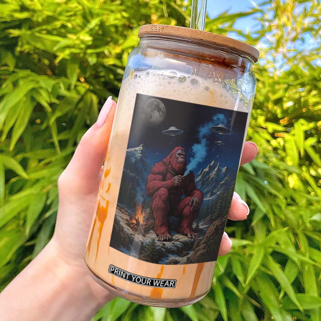 Funny Smoking Bigfoot Glass Can Vintage Cigarette Sasquatch UFO Cryptid Meme TS10 Black Print Your Wear