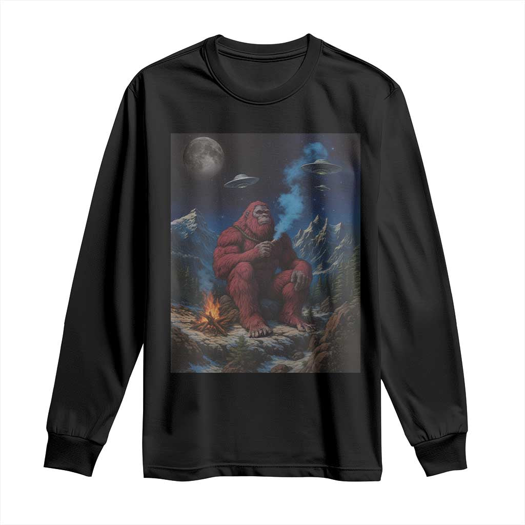 Funny Smoking Bigfoot Long Sleeve Shirt Vintage Cigarette Sasquatch UFO Cryptid Meme TS10 Black Print Your Wear