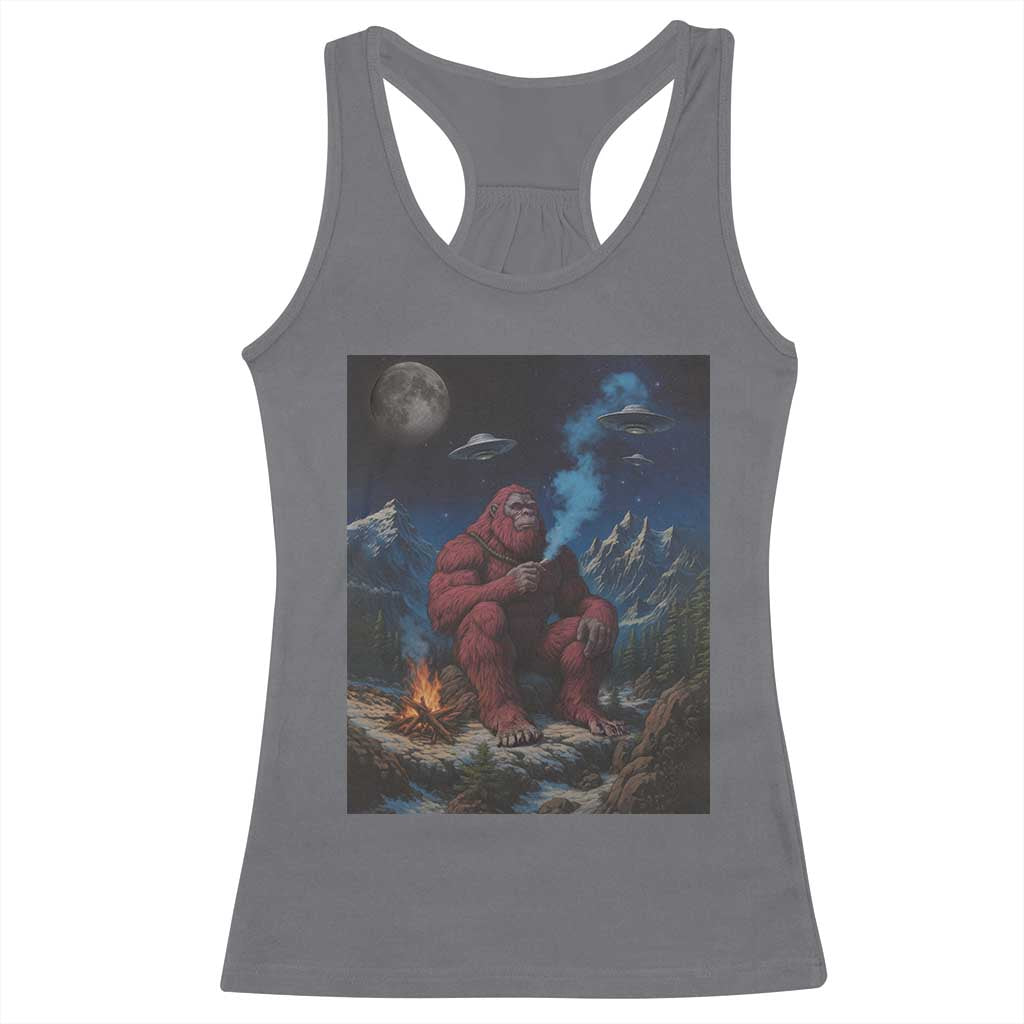 Funny Smoking Bigfoot Racerback Tank Top Vintage Cigarette Sasquatch UFO Cryptid Meme TS10 Charcoal Print Your Wear