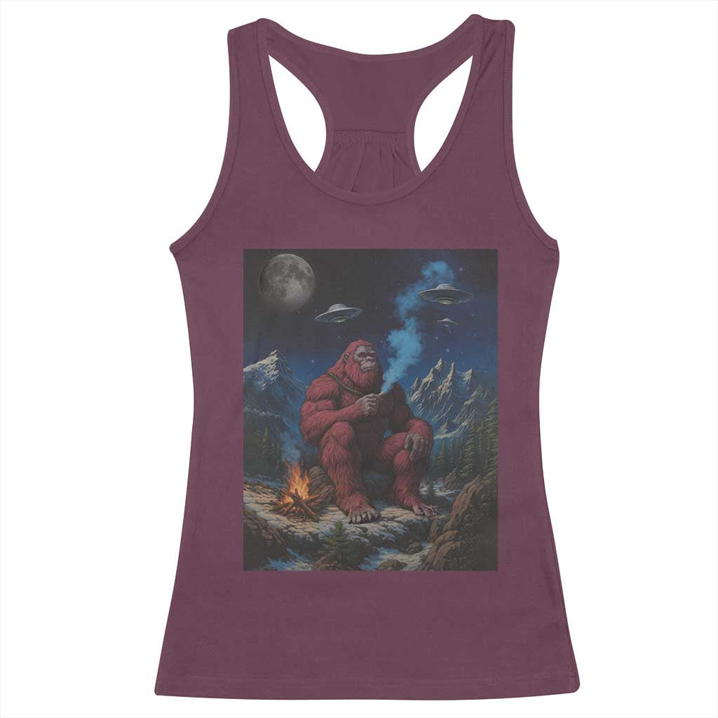 Funny Smoking Bigfoot Racerback Tank Top Vintage Cigarette Sasquatch UFO Cryptid Meme TS10 Maroon Print Your Wear