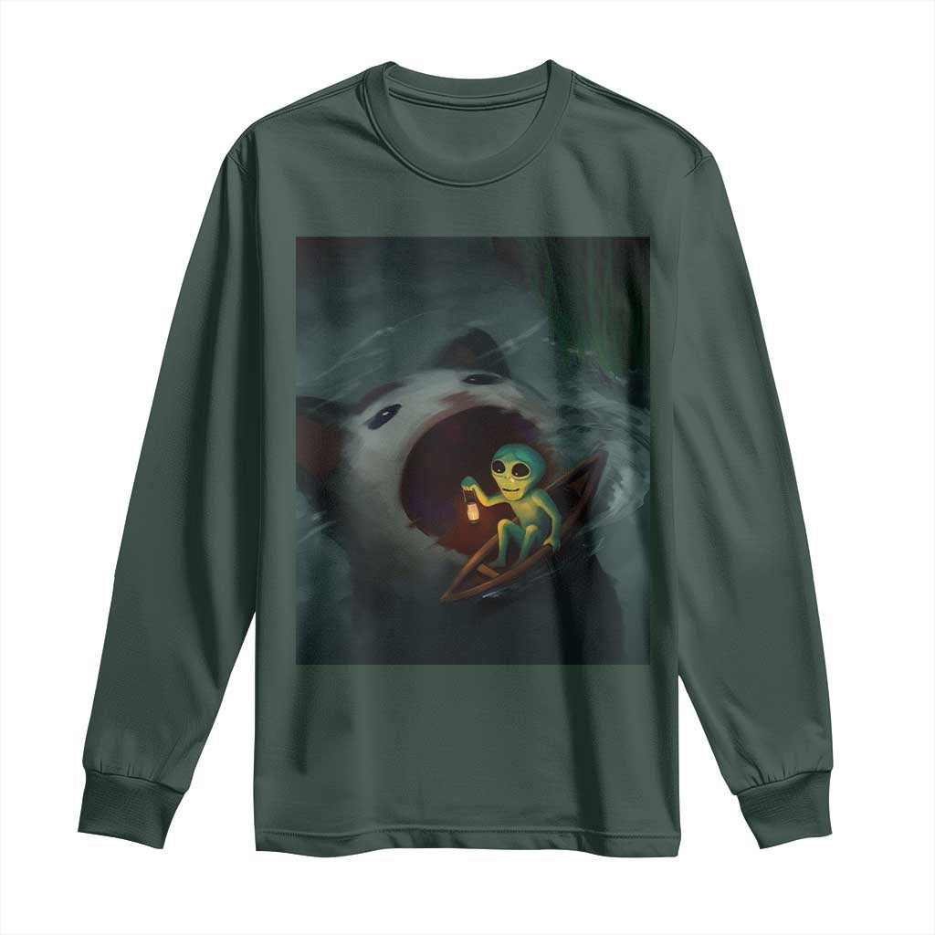 Funny Alien Cat Meme Long Sleeve Shirt Weird Silly TS10 Dark Forest Green Print Your Wear