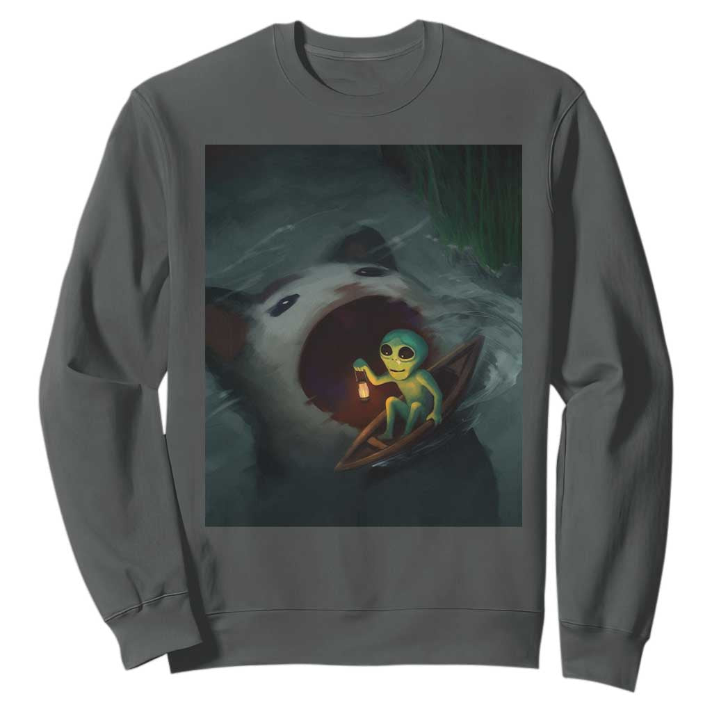 Funny Alien Cat Meme Sweatshirt Weird Silly TS10 Dark Heather Print Your Wear