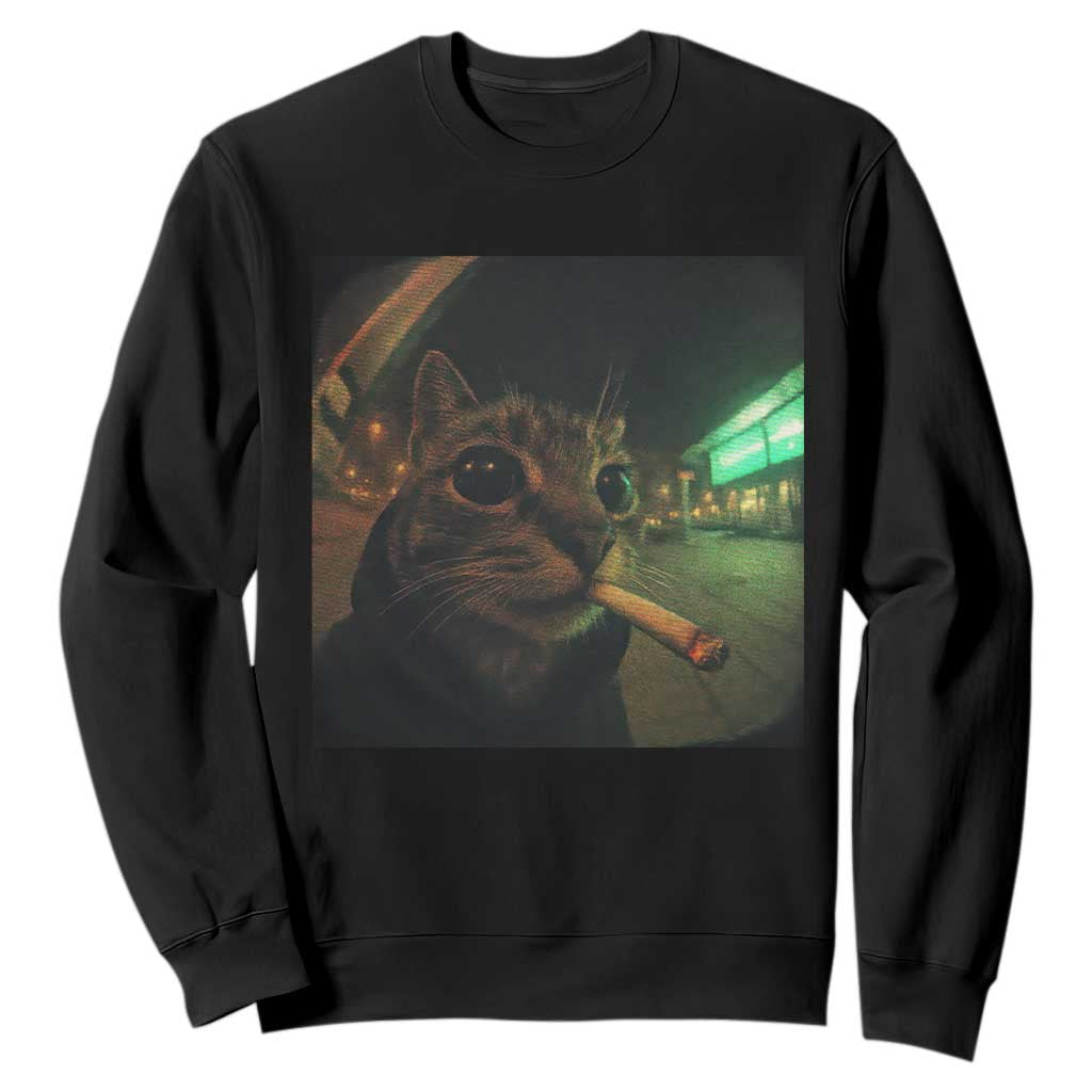 Funny Smoking Cat Sweatshirt Retro 90s Grunge Cat Selfie Streetwear Meme TS10 Black Print Your Wear