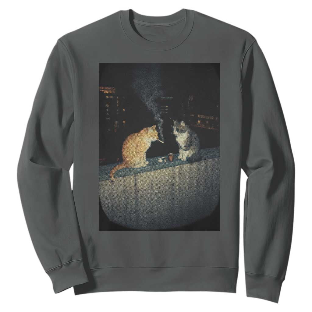 Funny Smoking Cat Sweatshirt Retro 90s Grunge Kitty Streetwear Meme TS10 Dark Heather Print Your Wear