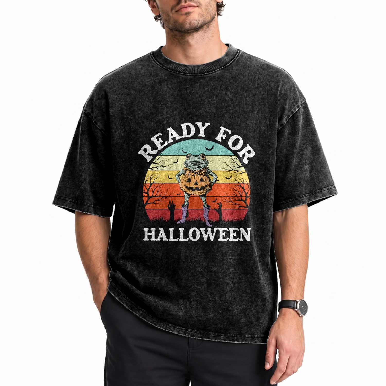 Funny Halloween Frog Washed Cotton T-Shirt Retro Spooky Season Funny Frogs Costume TS10 Print Your Wear