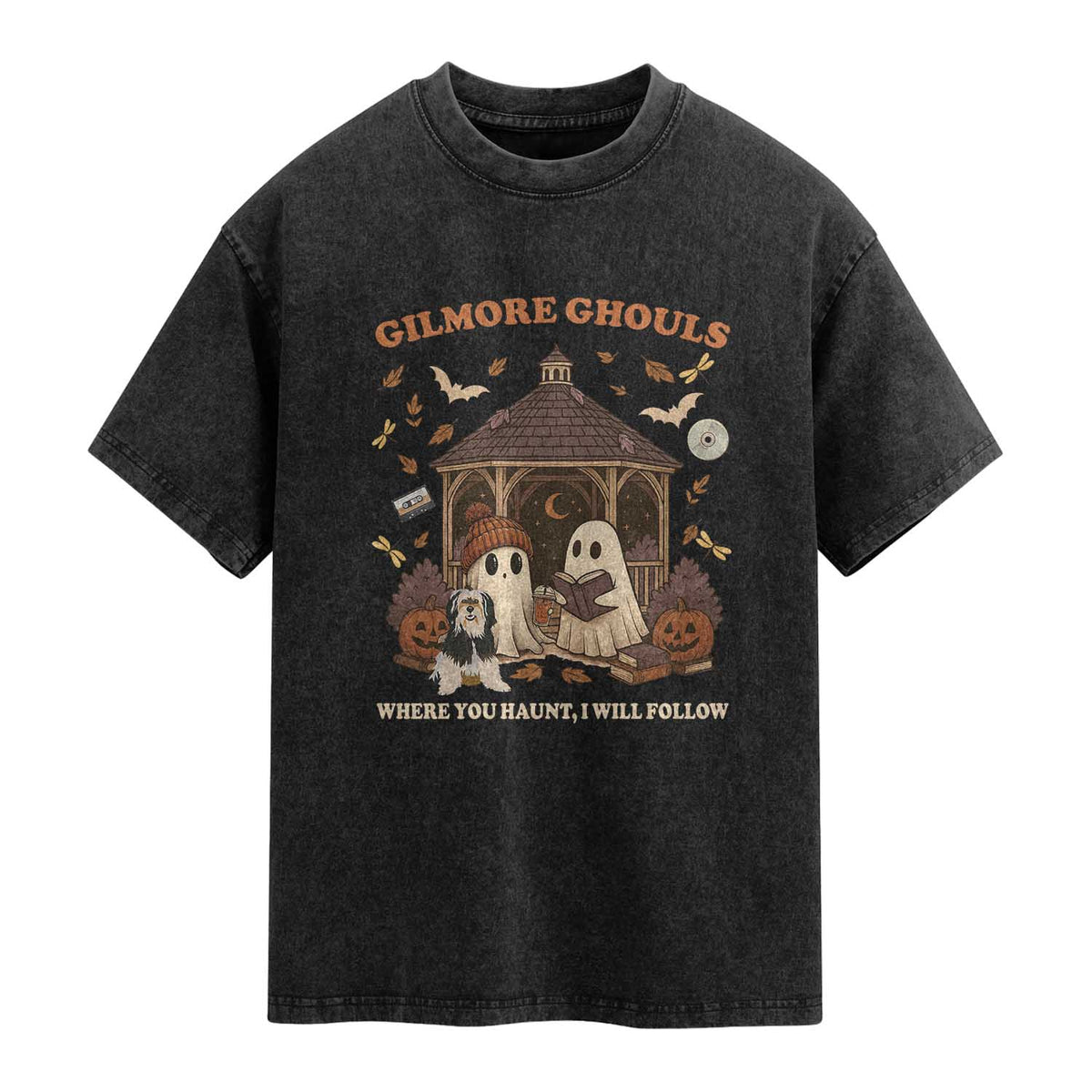 Gilmore Ghouls Halloween Washed Cotton T-Shirt Retro Book Lover Cute Ghost Fall Pumpkin TS10 Black Print Your Wear