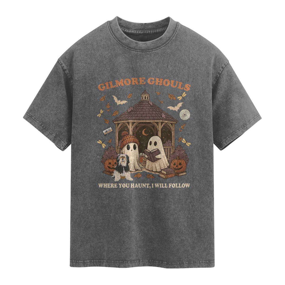 Gilmore Ghouls Halloween Washed Cotton T-Shirt Retro Book Lover Cute Ghost Fall Pumpkin TS10 Charcoal Print Your Wear