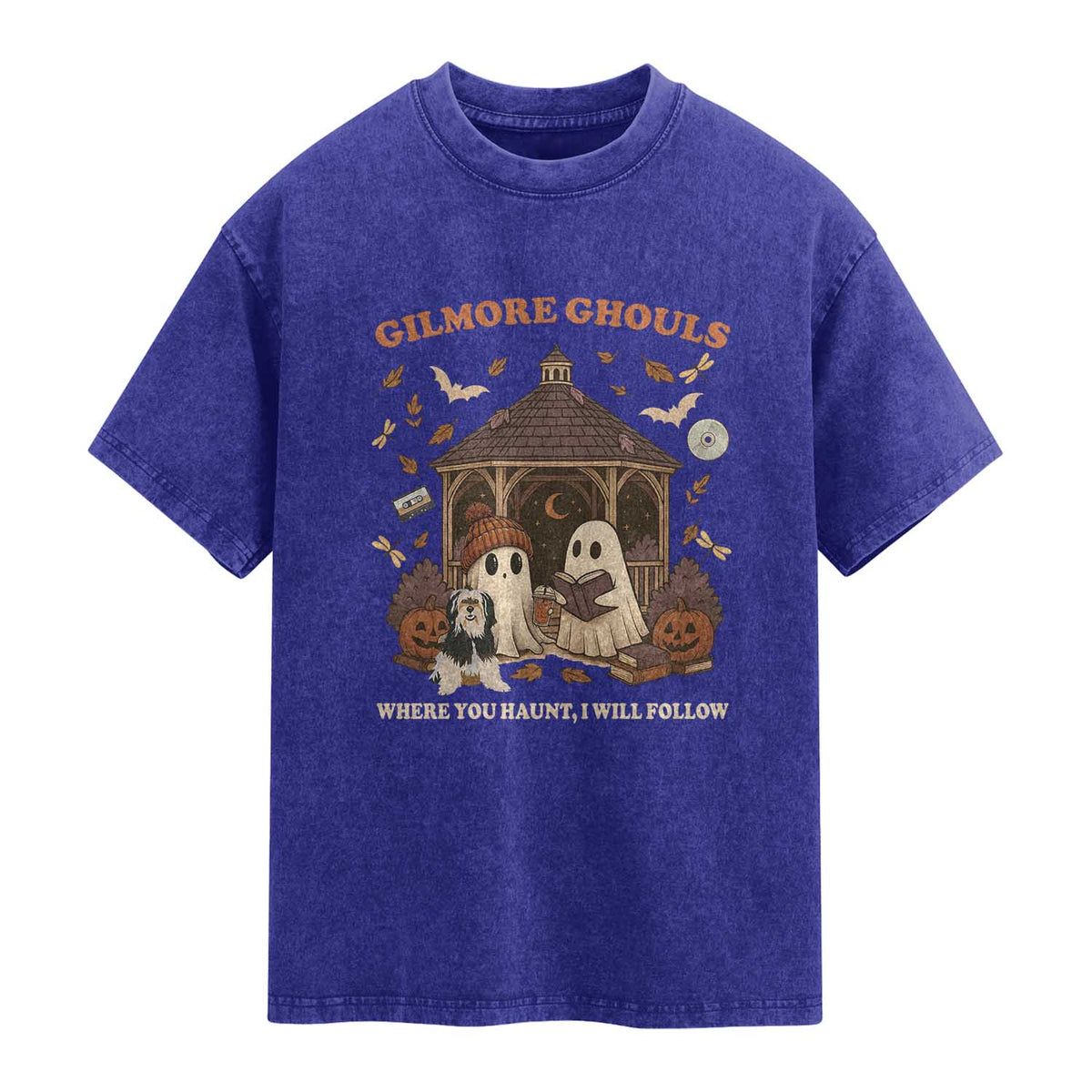 Gilmore Ghouls Halloween Washed Cotton T-Shirt Retro Book Lover Cute Ghost Fall Pumpkin TS10 Indigo Blue Print Your Wear