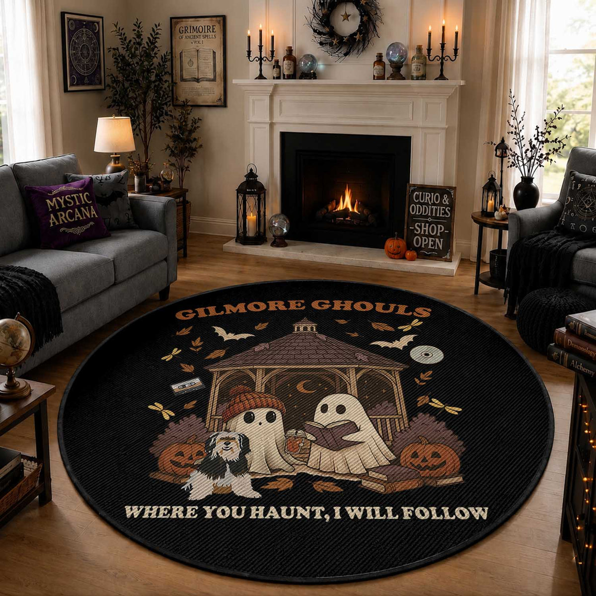 Gilmore Ghouls Halloween Round Rug Retro Book Lover Cute Ghost Fall Pumpkin