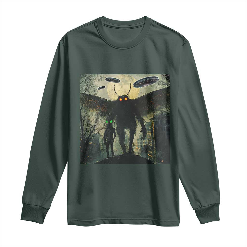 Mothman Aliens Long Sleeve Shirt Funny Cryptid Alien UFO TS10 Dark Forest Green Print Your Wear