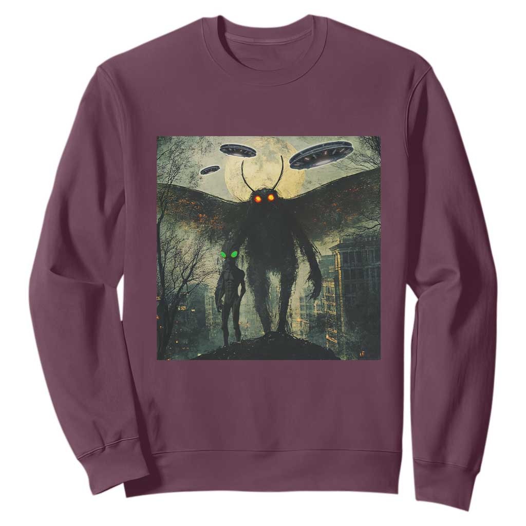 Mothman Aliens Sweatshirt Funny Cryptid Alien UFO TS10 Maroon Print Your Wear