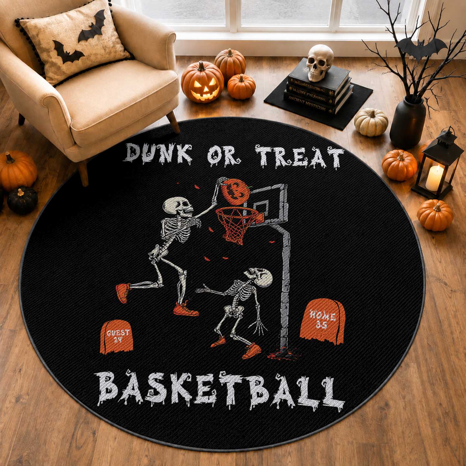 Halloween Skeleton Basketball Round Rug Funny Basketballer Sports Player