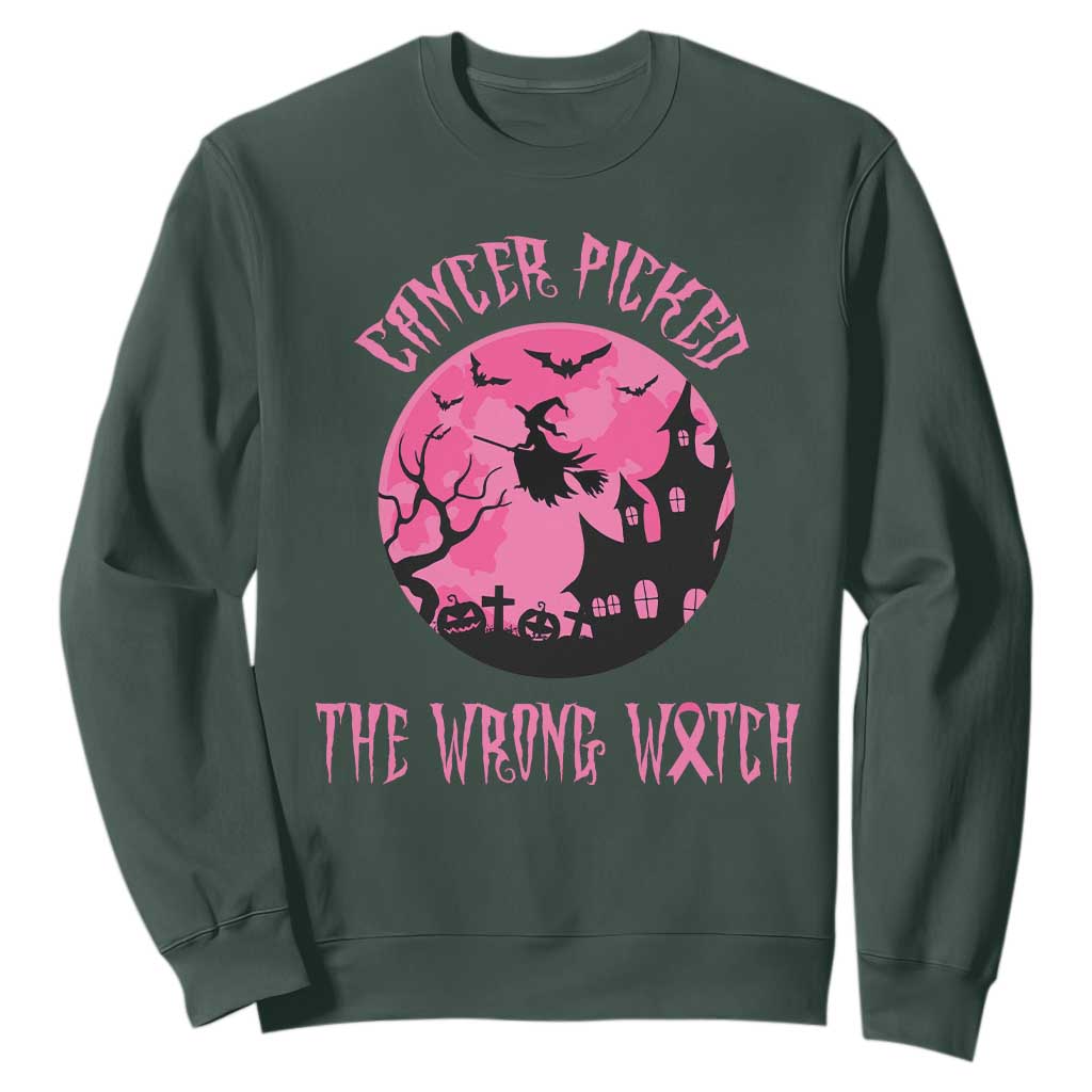 Breast Cancer Halloween Sweatshirt In October We Wear Pink Witch TS10 Dark Forest Green Print Your Wear