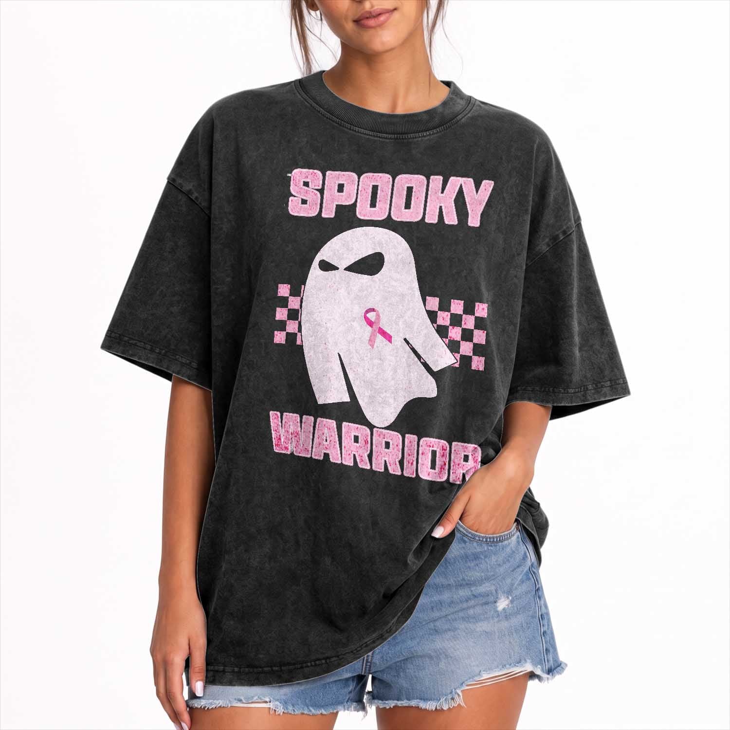 Breast Cancer Halloween Washed Cotton T-Shirt Ghost Wear Pink Ribbon Spooky Warrior TS10 Print Your Wear