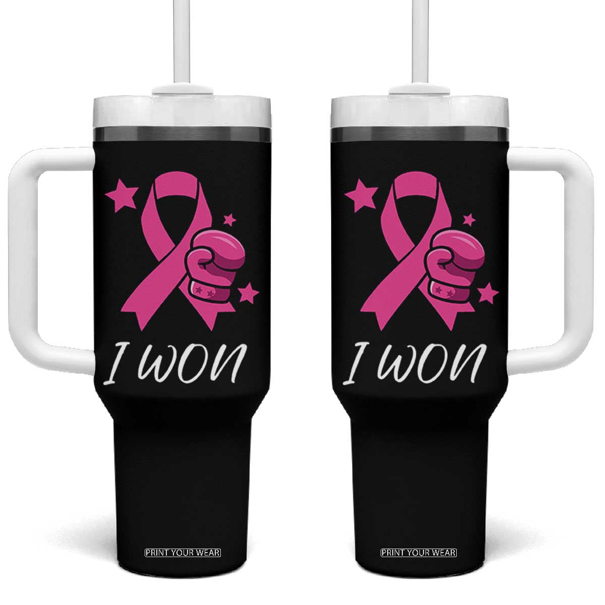 Pink Ribbon Tumbler With Handle I Won Breast Cancer Awareness TS10 One Size: 40 oz Black Print Your Wear