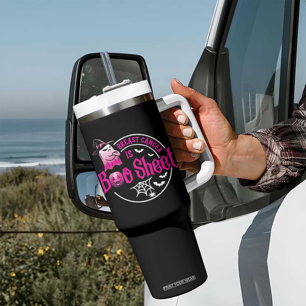 Breast Cancer Is Boo Sheet Tumbler With Handle October Ghost Pink Ribbon TS10 Print Your Wear