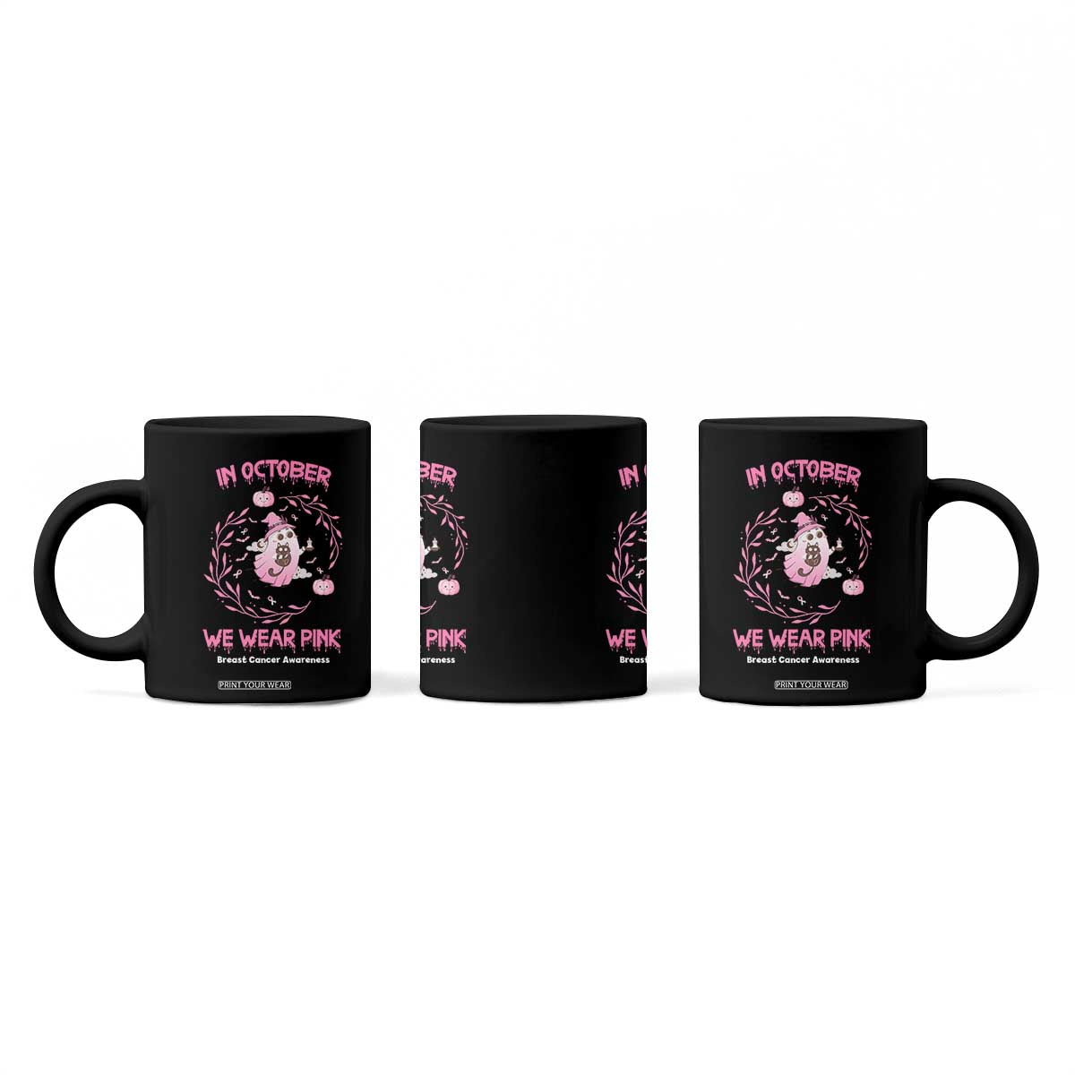 Breast Cancer Halloween Coffee Mug In October Ghost Wear Pink Black Cat TS10 Print Your Wear