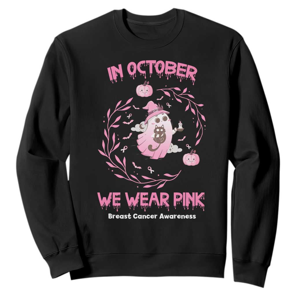 Breast Cancer Halloween Sweatshirt In October Ghost Wear Pink Black Cat TS10 Black Print Your Wear