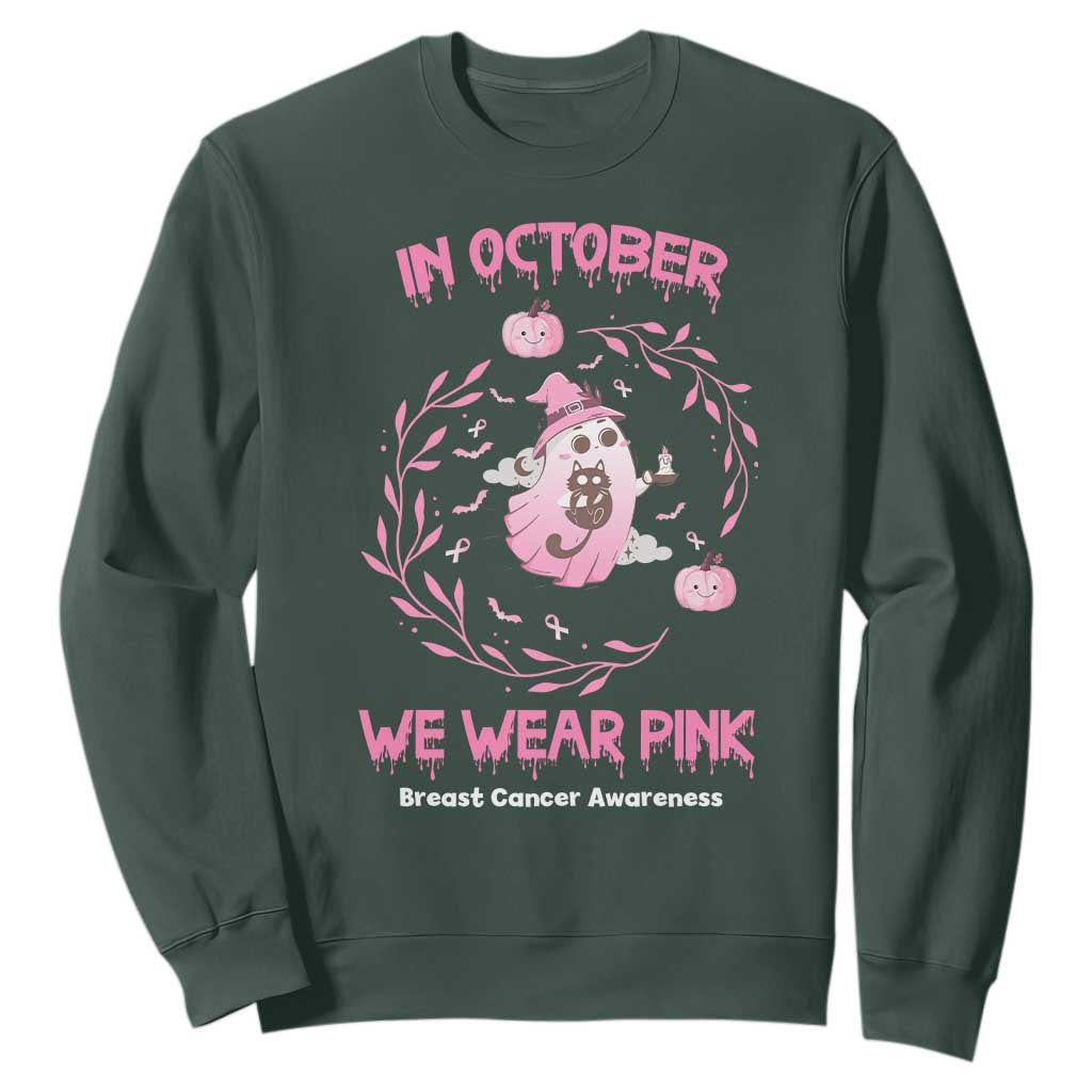 Breast Cancer Halloween Sweatshirt In October Ghost Wear Pink Black Cat TS10 Dark Forest Green Print Your Wear