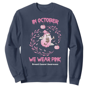 Breast Cancer Halloween Sweatshirt In October Ghost Wear Pink Black Cat TS10 Navy Print Your Wear
