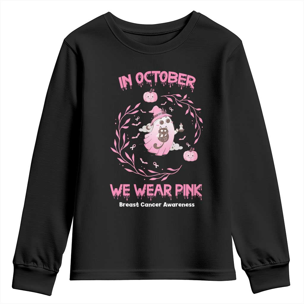 Breast Cancer Halloween Youth Sweatshirt In October Ghost Wear Pink Black Cat TS10 Black Print Your Wear