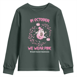 Breast Cancer Halloween Youth Sweatshirt In October Ghost Wear Pink Black Cat TS10 Dark Forest Green Print Your Wear