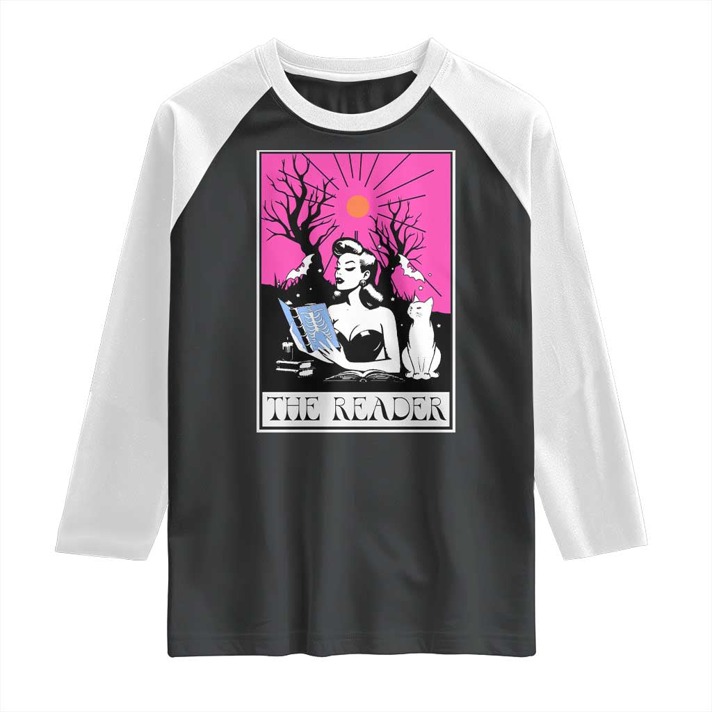 The Reader Tarot Raglan Shirt Witch Reading Book Club Occult Cat Mom TS10 Black White Print Your Wear
