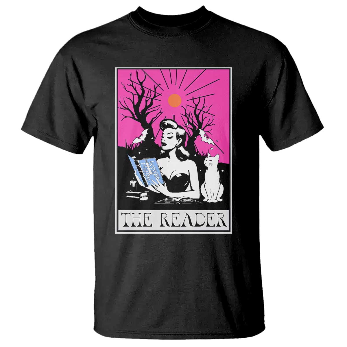 The Reader Tarot T Shirt Witch Reading Book Club Occult Cat Mom TS10 Black Print Your Wear