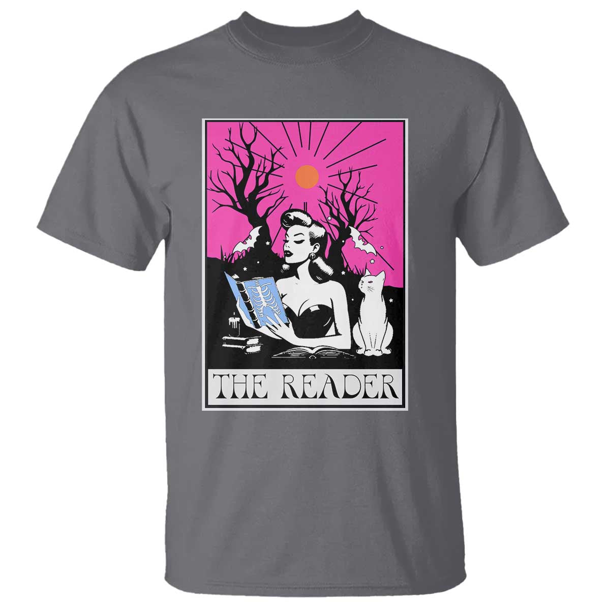 The Reader Tarot T Shirt Witch Reading Book Club Occult Cat Mom TS10 Charcoal Print Your Wear