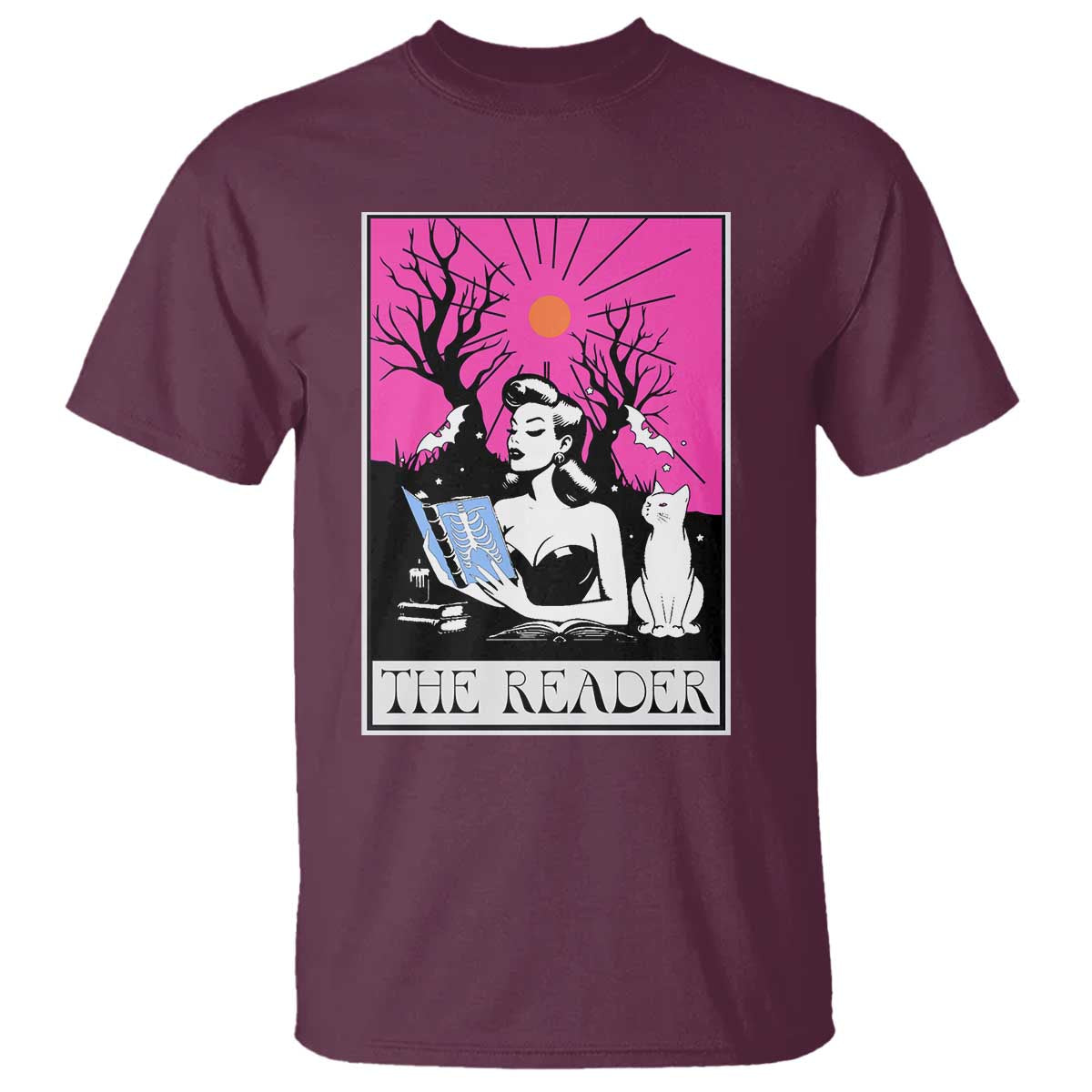 The Reader Tarot T Shirt Witch Reading Book Club Occult Cat Mom TS10 Maroon Print Your Wear