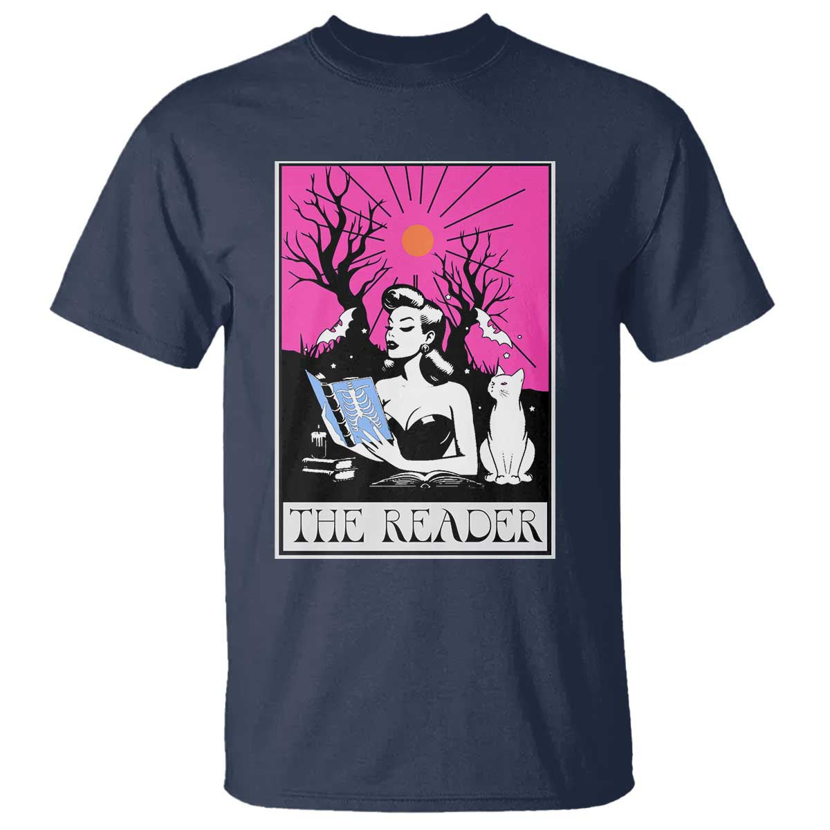 The Reader Tarot T Shirt Witch Reading Book Club Occult Cat Mom TS10 Navy Print Your Wear
