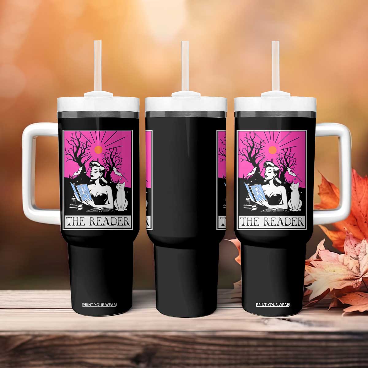 The Reader Tarot Tumbler With Handle Witch Reading Book Club Occult Cat Mom TS10 Print Your Wear