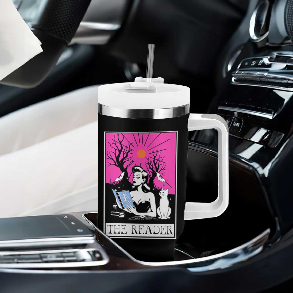 The Reader Tarot Tumbler With Handle Witch Reading Book Club Occult Cat Mom TS10 Print Your Wear