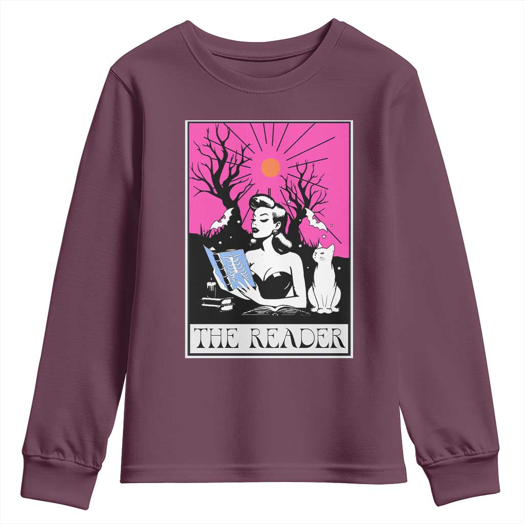 The Reader Tarot Youth Sweatshirt Witch Reading Book Club Occult Cat Mom TS10 Maroon Print Your Wear