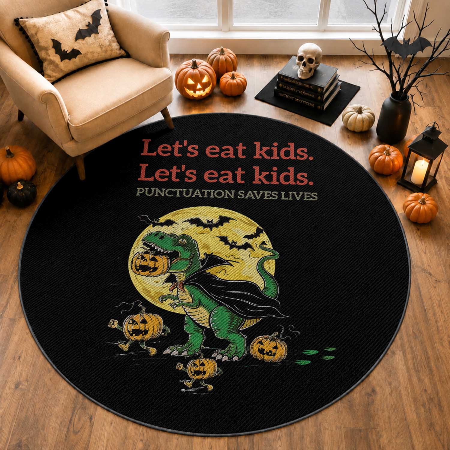Grammar English Teacher Round Rug Funny Halloween Dinosaurs Pumpkin Punctuation Saves Lives