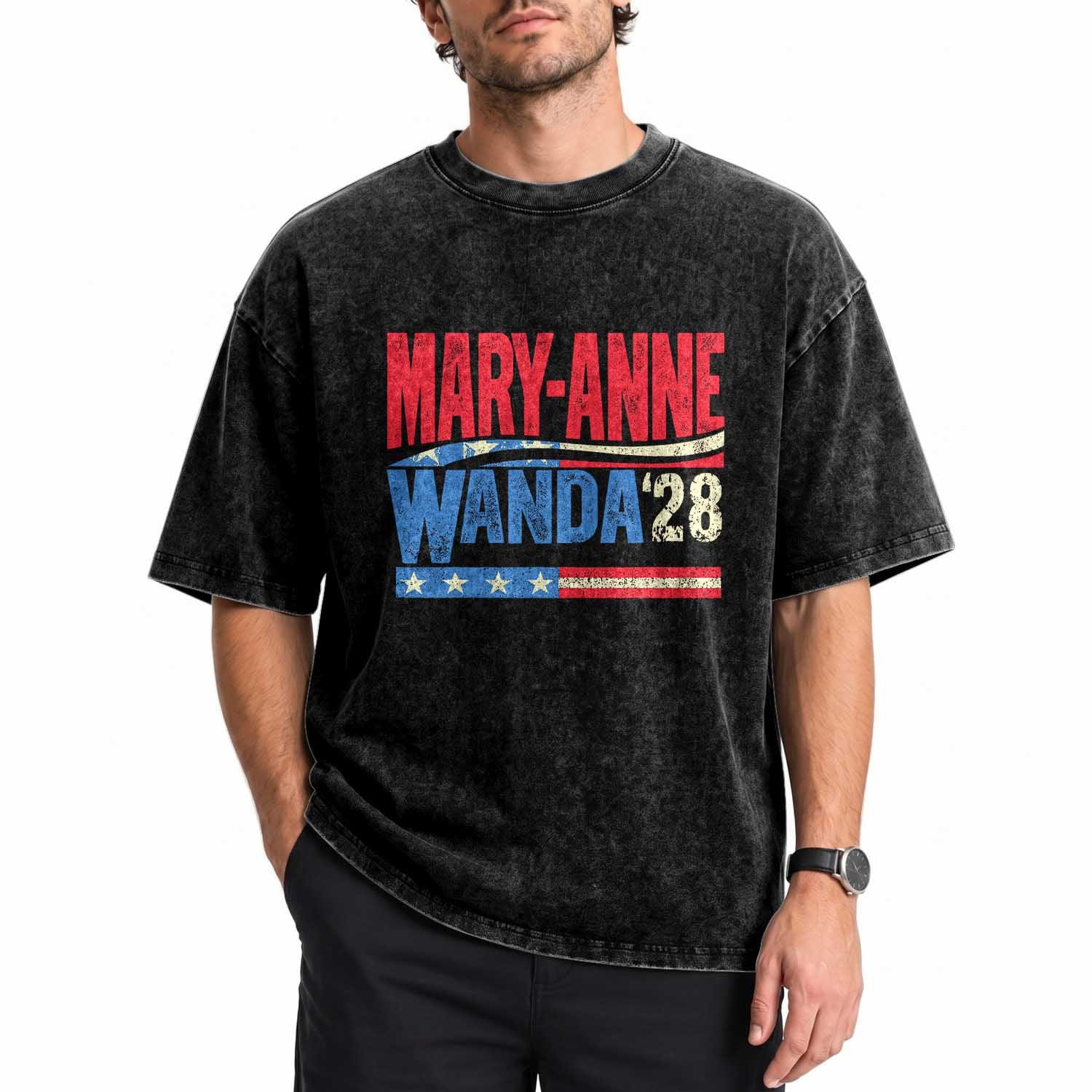 Mary-Anne Wanda 2028 Washed Cotton T-Shirt Retro Country Music Fan Vintage American Flag