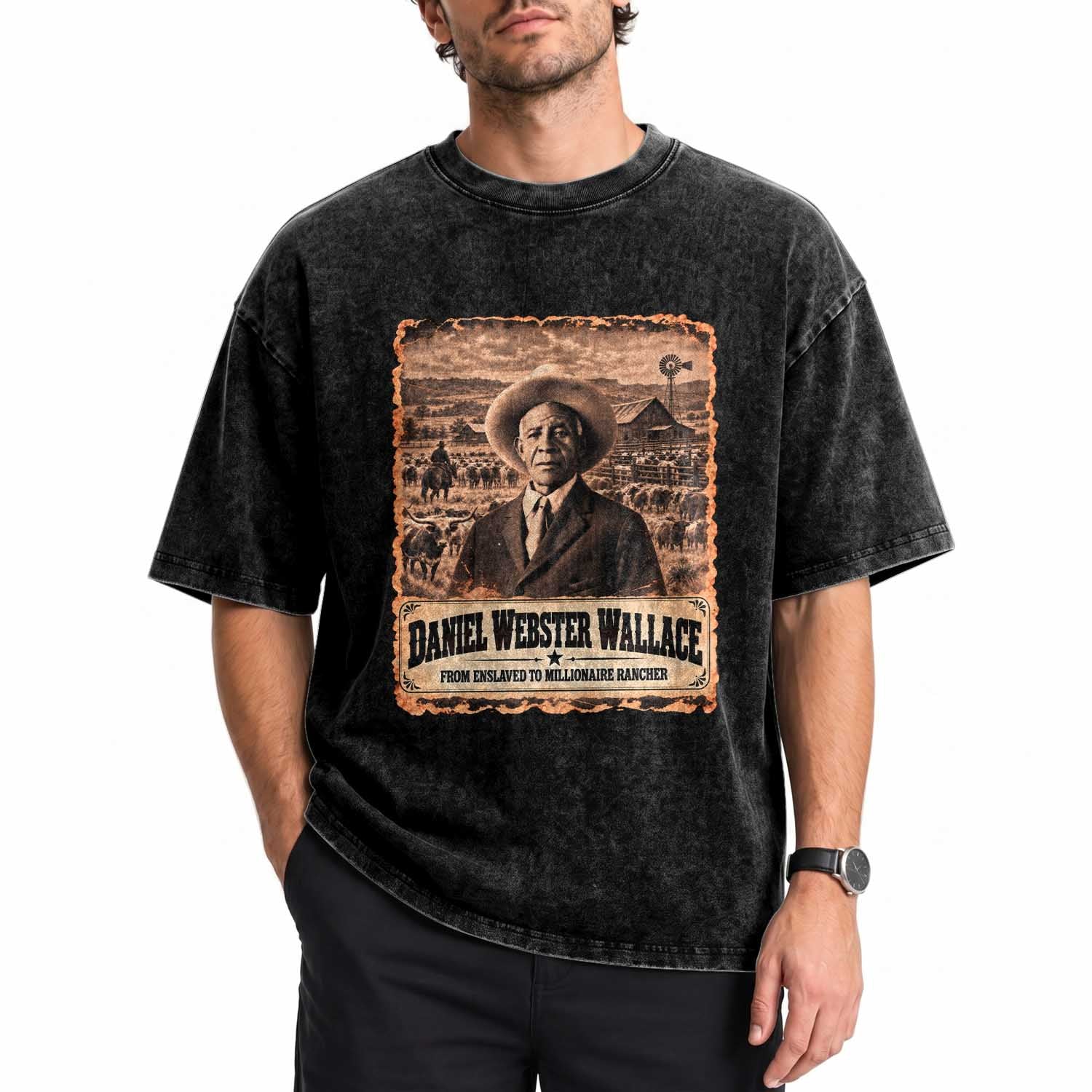 Daniel Webster Wallace Black Cowboy Washed Cotton T-Shirt Vintage Texas Millionaire Rancher Black History Month
