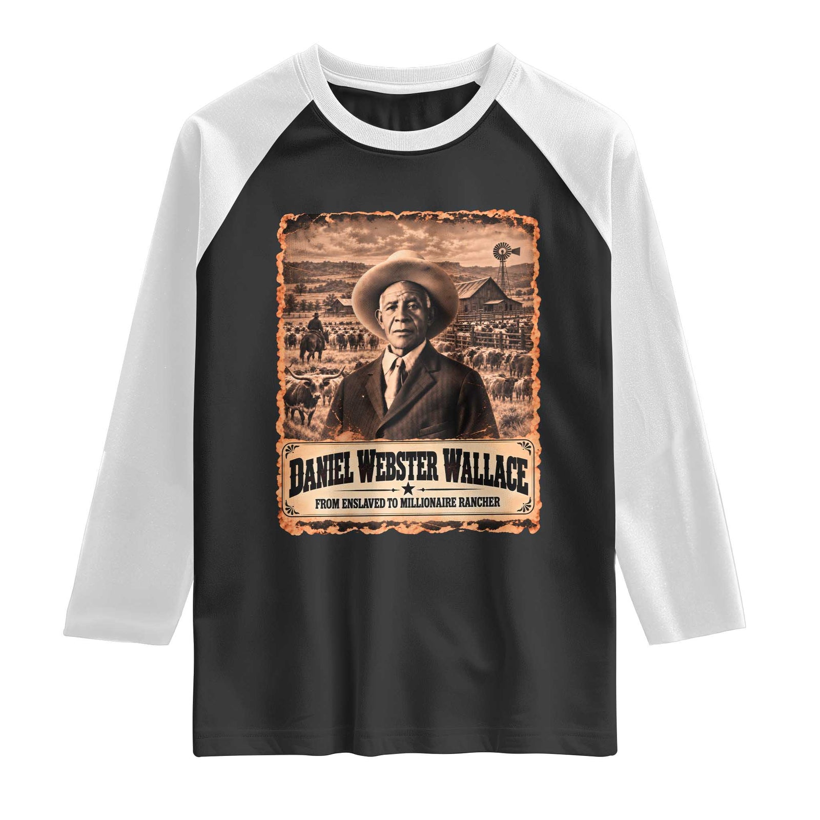 Daniel Webster Wallace Black Cowboy Raglan Shirt Vintage Texas Millionaire Rancher Black History Month