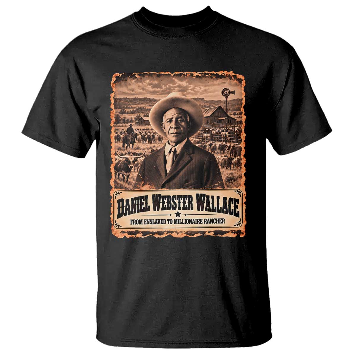 Daniel Webster Wallace Black Cowboy T Shirt Vintage Texas Millionaire Rancher Black History Month