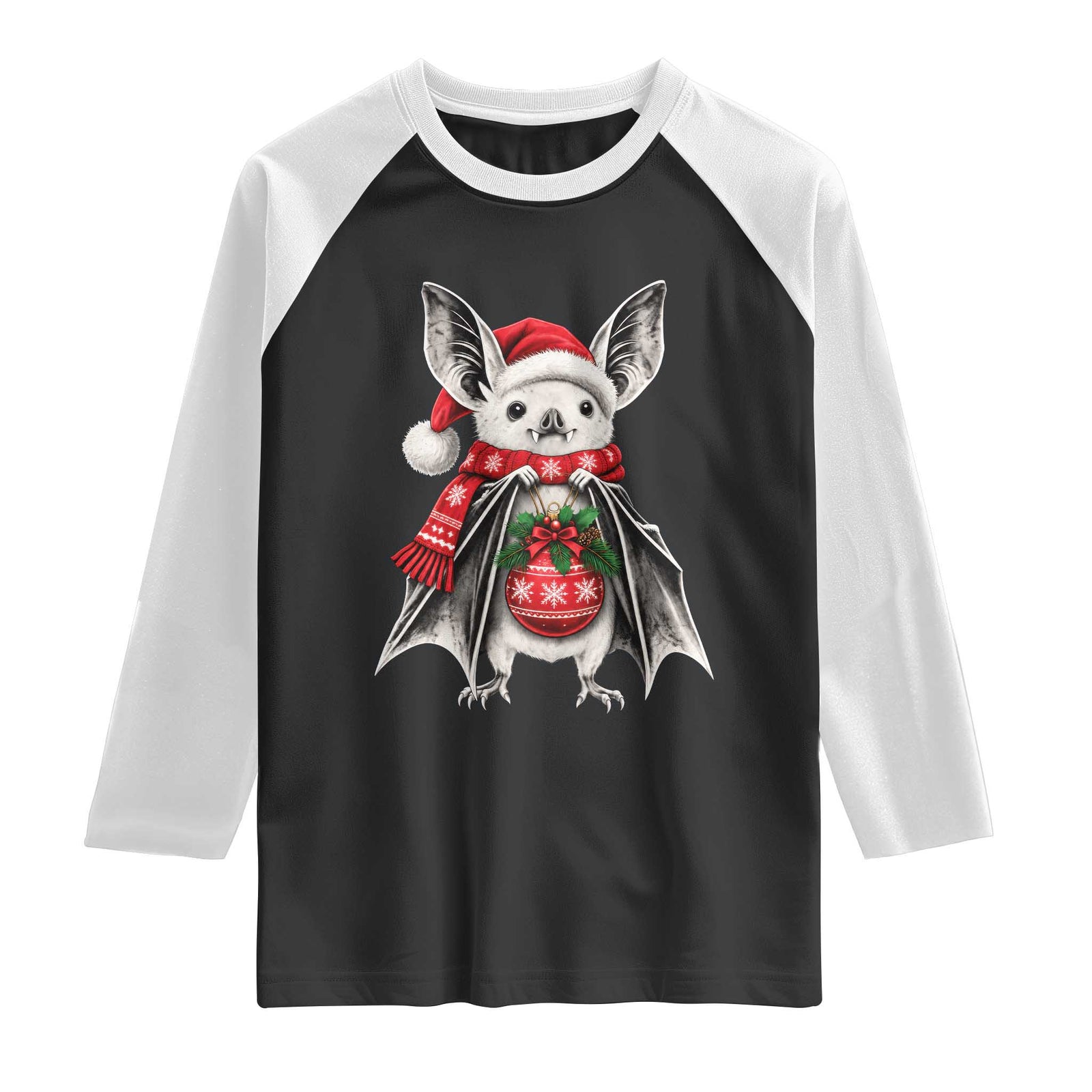 Cute Christmas Bat Santa Hat Graphic Raglan Shirt Festive Gothic Holiday Animal Aesthetic