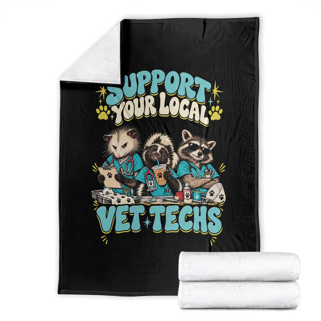 Support Your Local Vet Techs Throw Blanket Retro Groovy Opossum Skunk Raccoon Veterinary Technician