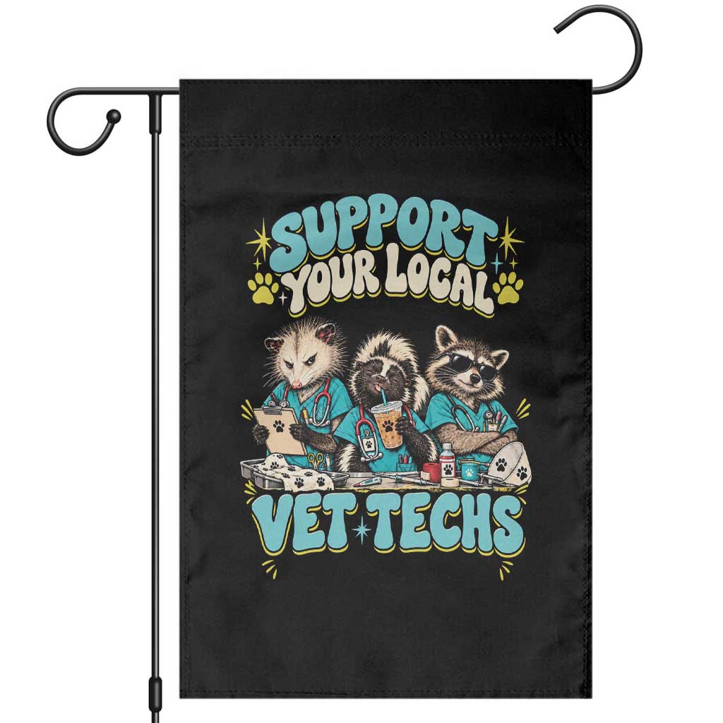 Support Your Local Vet Techs Garden Flag Retro Groovy Opossum Skunk Raccoon Veterinary Technician